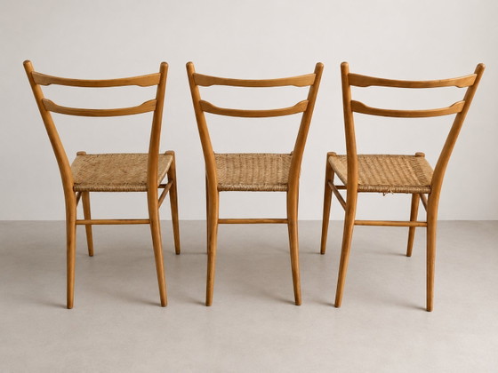 Image 1 of Set di 3 sedie vintage in legno con seduta intrecciata Gio Ponti