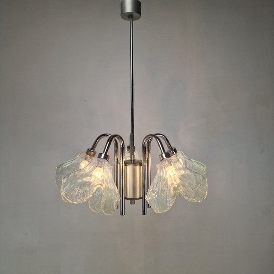 Image 1 of Italienische Deckenleuchte mit fünf blauen Lampenschirmen aus Muranoglas - 1970er Jahre