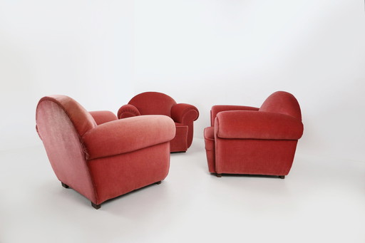Satz von 3 französischen Art Deco Sesseln mit rotem Samtbezug, 1930er Jahre