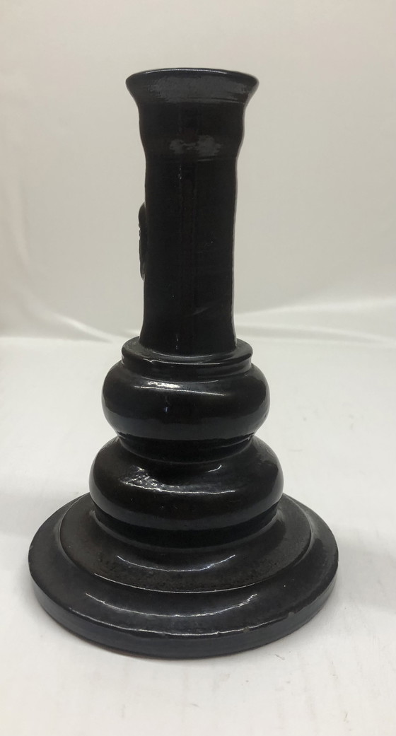 Image 1 of Vintage Black Ceramic Candle Holder Signed AP
