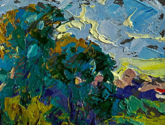 Image 1 of Original Oil Painting Village Bridge Landscape On the spring river