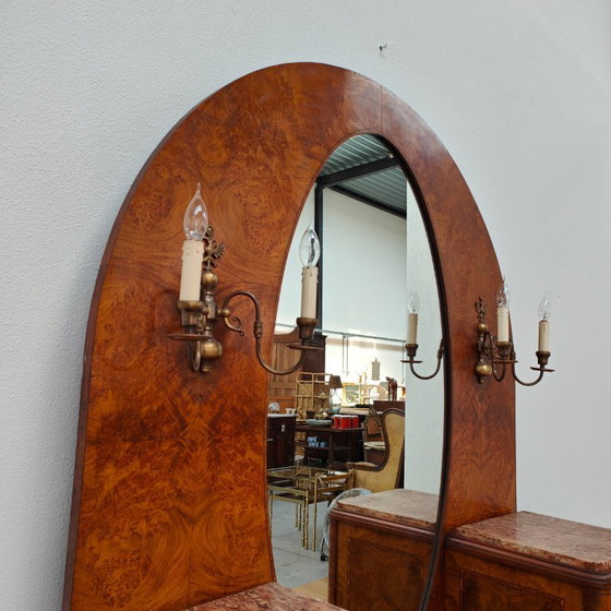 Image 1 of Coiffeuse Art Déco vintage, meuble de chambre, table de maquillage, plateau en marbre