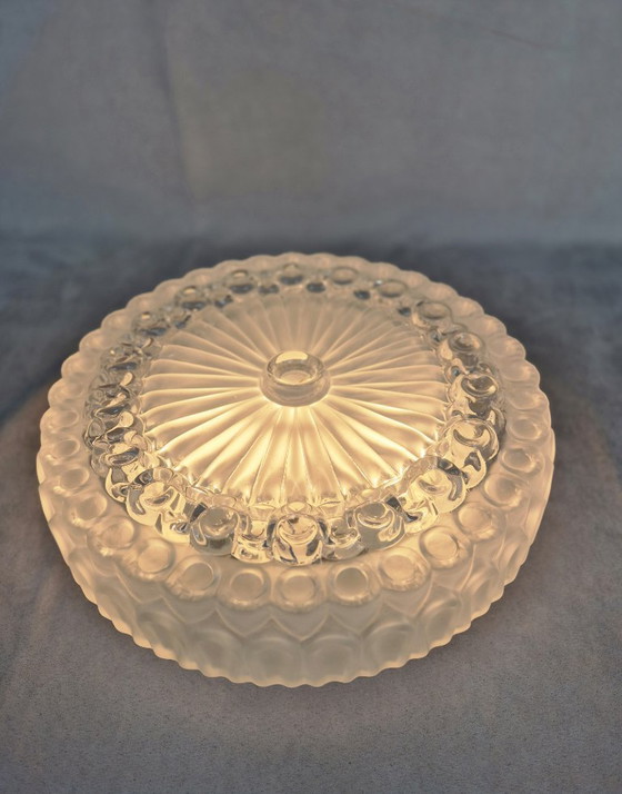 Image 1 of Vintage Pressed Glass Flush Mount Ceiling Light, Mid-Century Style, 2x E27, 29.5 cm