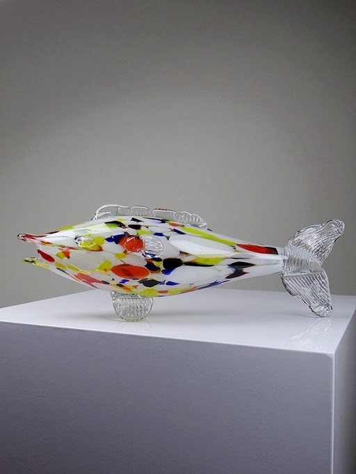Poisson En Verre Soufflé De Murano, Moucheté Multicolore Vintage