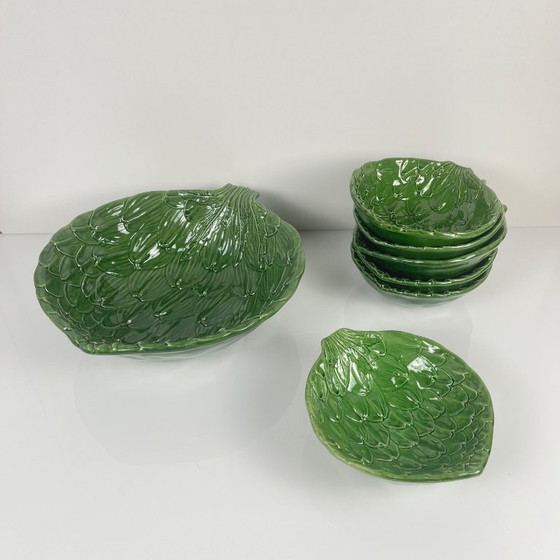 Image 1 of Vintage saladeset van groene artisjokbladeren met saladekom + 6 schalen, jaren 70