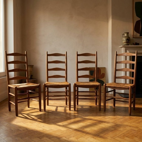 Image 1 of Ensemble de 4 chaises de salle à manger, chaises rustiques en chêne à dossier échelle, années 1960, Belgique, assises en jonc