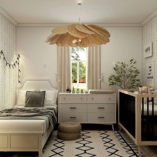 Hanging flower, Sunflower model, 18 petals in rattan and fabric (customizable shade)