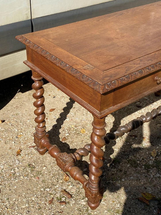 Image 1 of Schreibtisch mit 2 Schubladen im Stil Louis XIII aus Eiche mit gedrehten Beinen 130x65cm