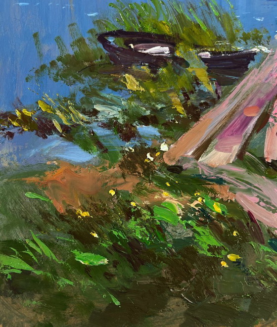 Image 1 of Original Oil Painting Summer Coastal Landscape People looking at the flow of river