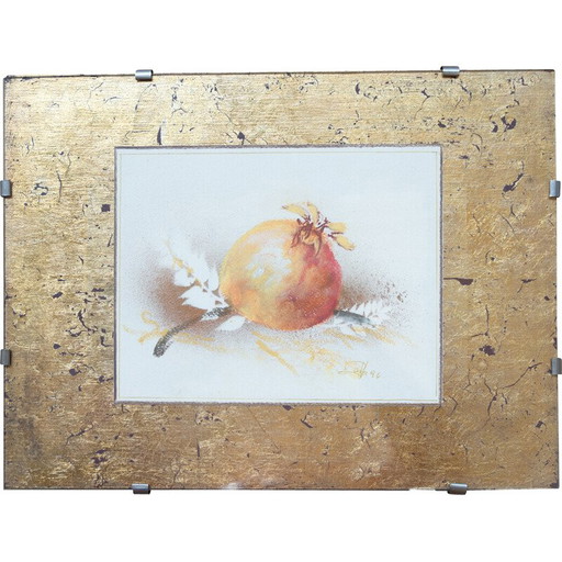 Paire d'aquarelles vintage et de gravures à la feuille d'or en bois et verre, 1980