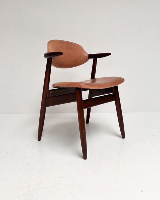 Fauteuil en cuir marron à motif corne de vache, années 1970
