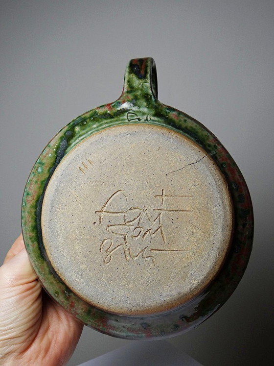 Image 1 of Saucière en grès émaillé Fontgombault, rouge et vert, vintage 1960-1970