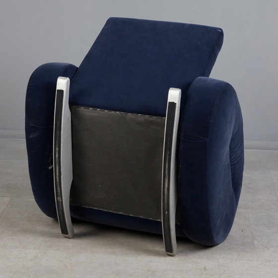 Image 1 of Bretz (Duitsland) — Schommelstoel / Fauteuil — Blauwe fluwelen bekleding — Jaren 80 — Opvallend lounge-icoon