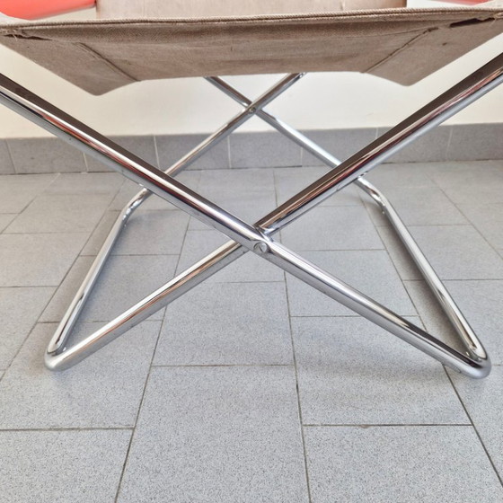 Image 1 of Poltrona pieghevole vintage giapponese, anni '70, in acciaio cromato e arancione e tela di iuta.