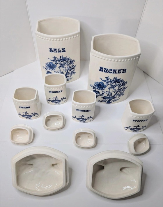 Image 1 of Vintage 6x onion pattern porcelain storage jars containers 