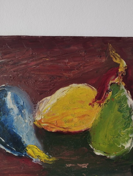 Image 1 of Still life with three fruits. Oil painting on panel.
