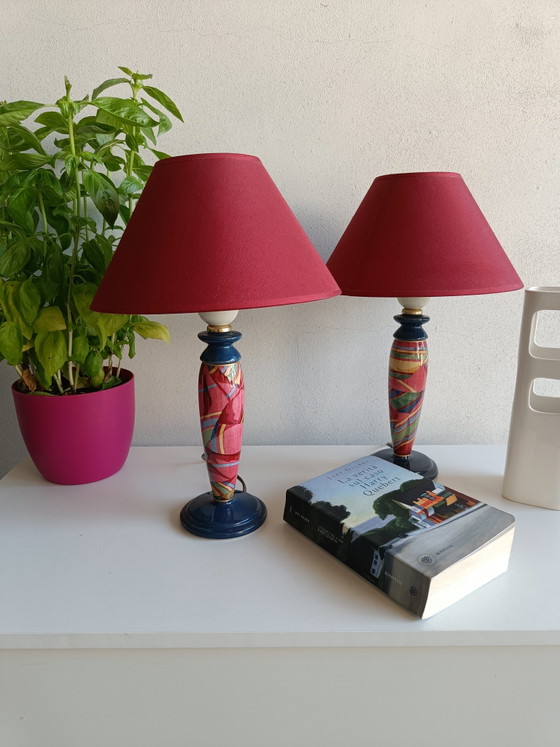 Een paar Oliver Corro postmoderne keramische tafellampen met originele lampenkappen – jaren 80 – Ceramic (photo 8 of 11)