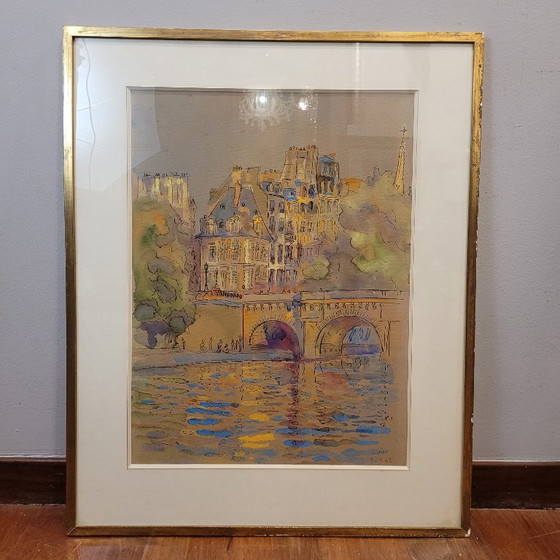 Image 1 of Aquarelle sur papier « Pont Marie, Paris », post-impressionnisme, signée Gilis, 1962 - France