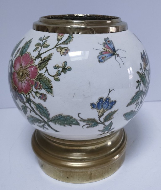 Earthenware and brass ball vase with flowers and insects, early 20th century