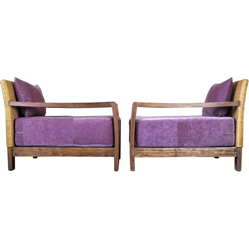 Coppia di poltrone vintage in rattan con cuscini in velluto, 1950