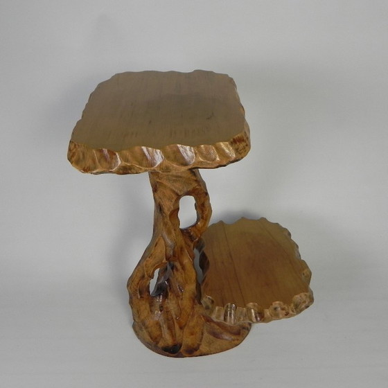 Image 1 of Plantentafel met 2 plateaus, vintage houtsnijwerk, VS jaren 50