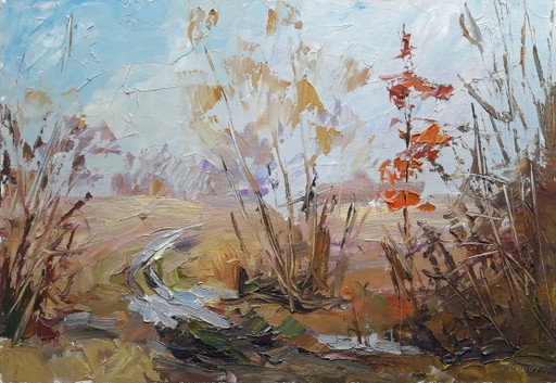 Origineel olieverfschilderij Natuurlandschap Veld Laatste sneeuw