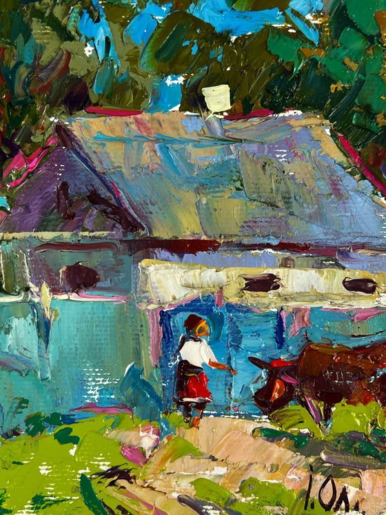 Image 1 of Peinture à l'huile originale, paysage rural, village, retour des champs