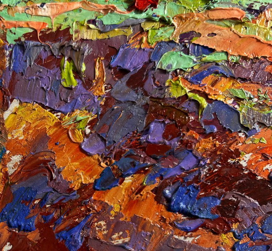 Image 1 of Original Oil Painting Sunset Field Landscape Autumn evening meadows