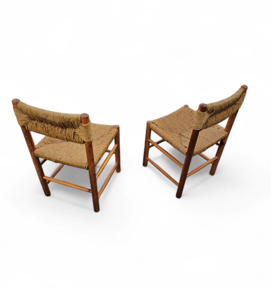 2 x pine wood woven reed dining chairs / France 1950s (photo 24 of 40)