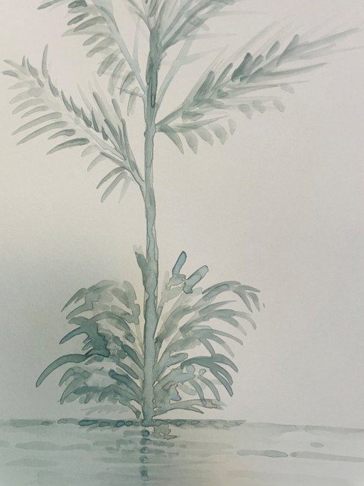 Signed monochrome sage green watercolor landscape "reflections"