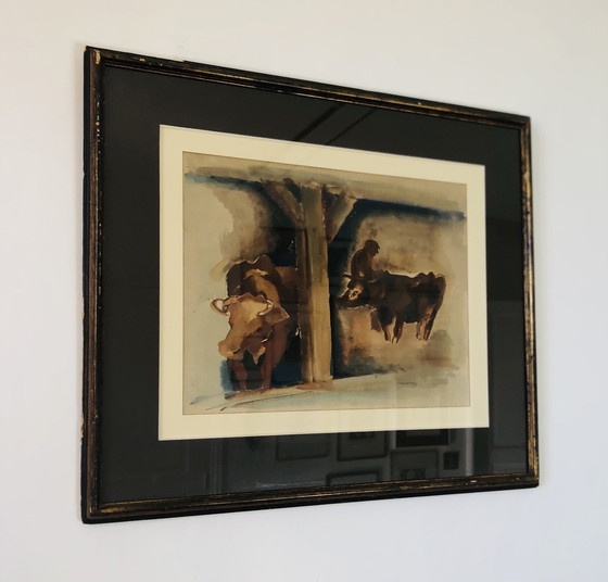 Image 1 of Jean Timmermans (1899-1986) - Mucche e contadino nella stalla Acquerello - Firmato a mano - 1930