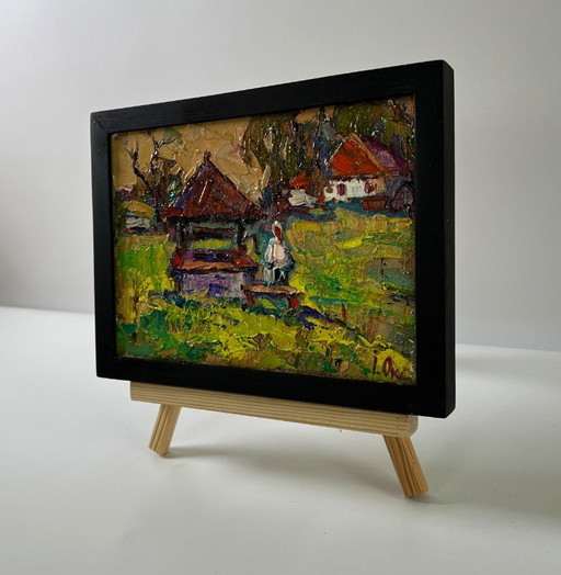 Original Oil Painting Rural Evening Landscape Village Everyday Life – schilderijen tekeningen, Canvas (photo 2 of 8)