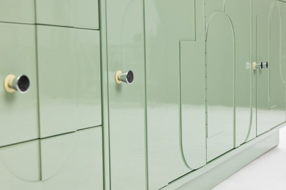 Vintage Sideboard, Wood, Relief, Pastel Green, High-Gloss Finish, 1970s (photo 9 of 15)