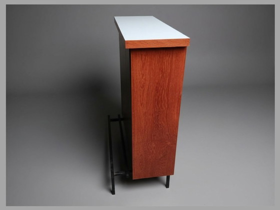 Image 1 of Belgische modernistische thuisbar van teak en staal – toegeschreven aan De Coene, jaren 1950-1960