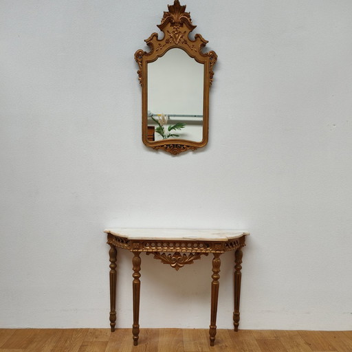 Italienischer Barock Rokoko Wandkonsole Beistelltisch mit Marmorplatte und Spiegel
