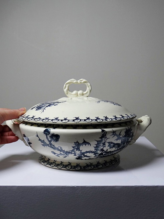 Image 1 of Sopera antigua de porcelana opaca Gien, 1890-1910, diseño de piedra de hierro, diseño Chardons