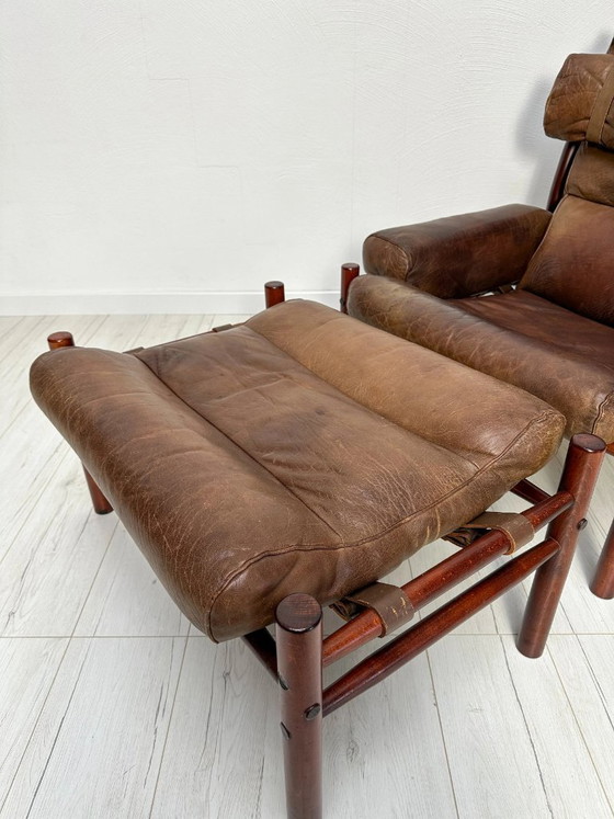 Image 1 of Poltrona lounge e poggiapiedi vintage in pelle Inca di Arne Norell per Norell Möbel AB, design svedese, anni '70.
