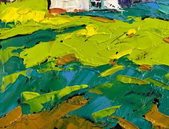 Image 1 of Original Oil Painting Summer House Landscape Forest path to the sunny hut