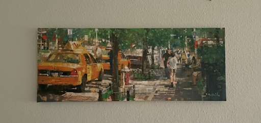 Escena callejera de EE. UU. con Yellow Cabs, pintura al óleo original, firmada, sin marco..
