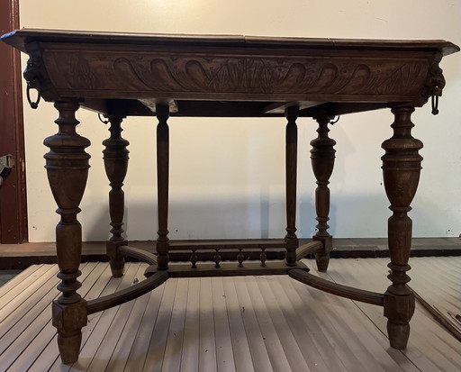 Table Chêne Antique 80x100cm / 72cm Haut - Têtes de Lion – tafels, Metal, Wood (photo 2 of 8)