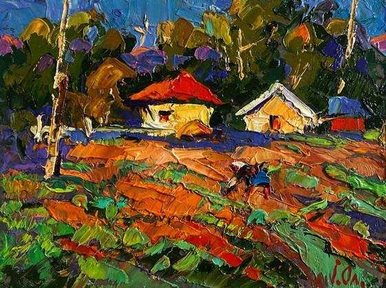 Image 1 of Original Oil Painting Summer Village Landscape Sunny day in the garden