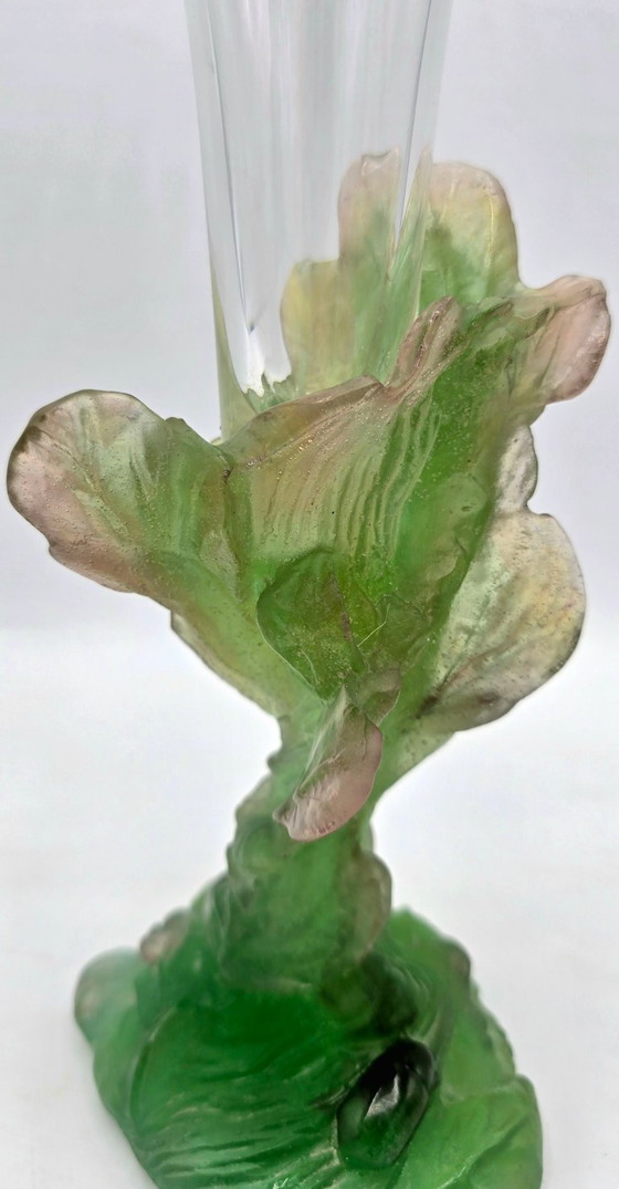 Image 1 of Daum - soliflore vase in crystal and green glass paste with vegetal decoration