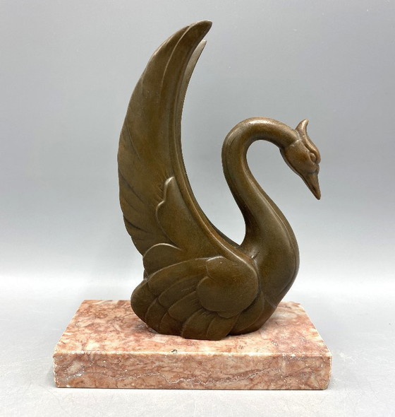 Image 1 of Buchstütze „Schwan 1“ im Art-Deco-Stil – Statue auf Marmorsockel – Frankreich, ca. 1930