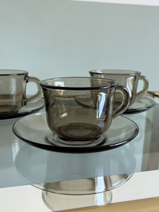 3x Tasse und Untertasse arcoroc Rauchglas