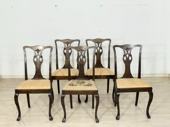 Image 1 of Set di 5 sedie Chippendale antiche / sedie da pranzo in pregiato mogano/noce, circa 1900