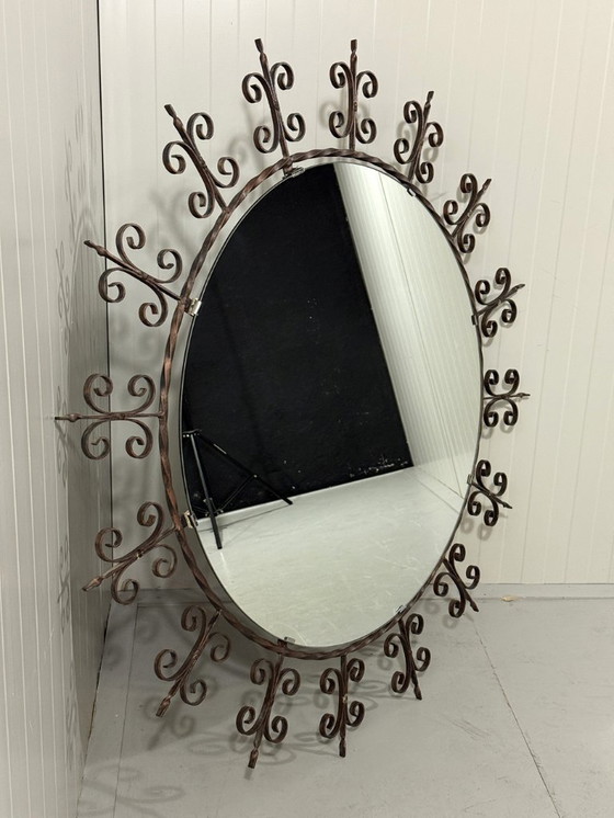 Image 1 of Very large round wrought iron wall mirror 1960's