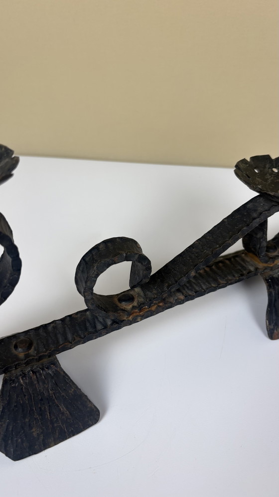 Image 1 of Brutalist forged black iron handmade Scandinavian Viking boat candlestick
