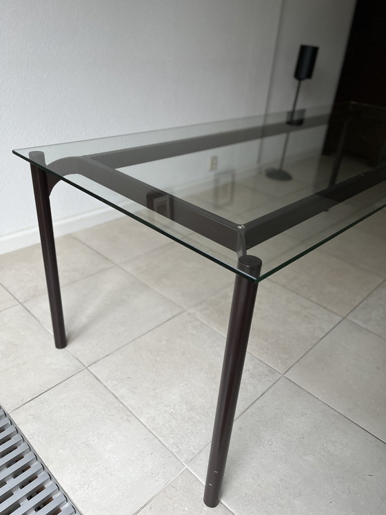 Image 1 of Mesa de comedor de cristal de diseño único con base de acero 218x87 cm