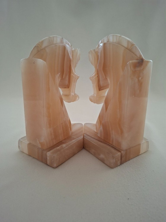 Image 1 of Set antiker Onyx-Buchstützen – Pferdeköpfe