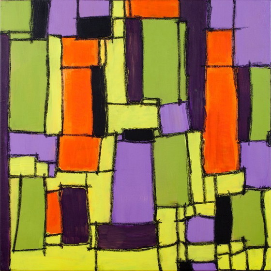 Image 1 of Modern abstract green, yellow, purple and orange mixed media painting
